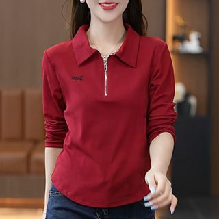 超大號女式襯衫長袖 Wanita Baju Polo 領拉鍊 V 領字母上衣襯衫寬鬆長襯衫夏季純色上衣大碼加大碼 #18