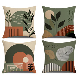 綠色幾何葉枕套亞麻 70x70.60x60.50x50.45x45.40x40。方形家居裝飾沙發辦公室床上用品枕套。