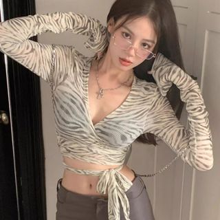 【NZN】韓國時尚女式薄款防曬交叉v領斑馬紋t恤夏季性感繫帶露臍上衣