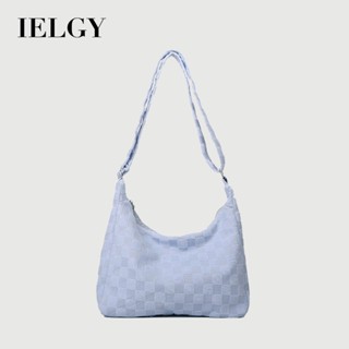 IELGY 女士毛絨格紋手提包 復古大容量單肩休閒手拎斜揹包(無吊飾)
