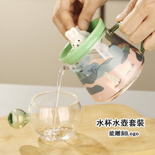 （能雕刻Logo）650ML玻璃水壺水杯套裝，兒童牛奶杯，帶手柄茶壺，飲料壺，玻璃壺，涼水壺，咖啡壺，生日禮物
