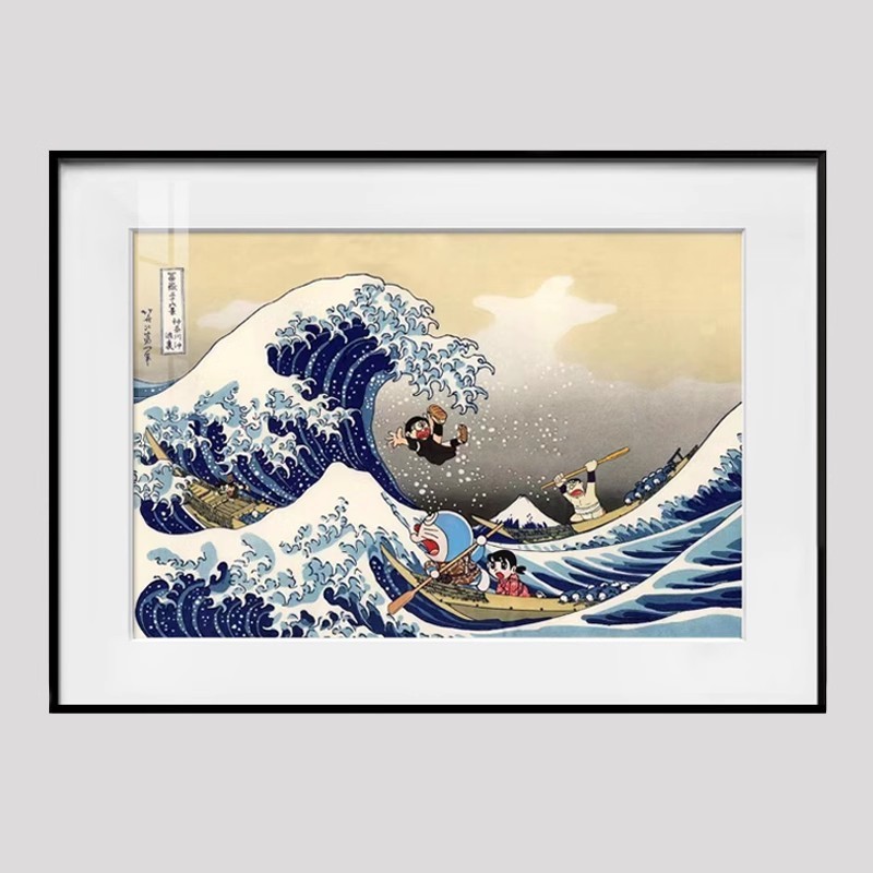 日本葛飾北齋浮世繪版畫潮流掛畫日式神奈川衝浪裡x哆啦a夢裝飾畫【鋁合金黑色畫框 裝裱尺寸：60×45cm  70×50c