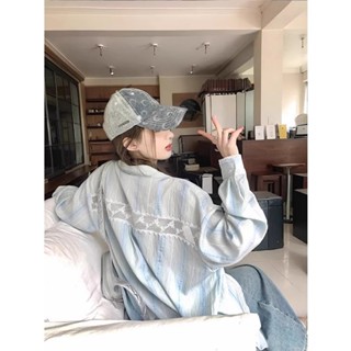 【NZN】女士夏季藍色條紋蕾絲鏤薄襯衫小外套上衣