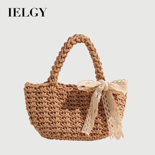 IELGY 草編包 蝴蝶結手提水桶包 潮時尚絲巾沙灘度假編織包