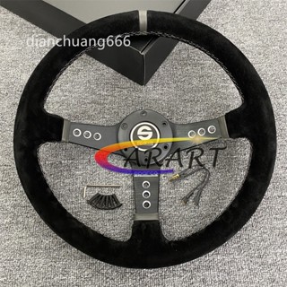 Spc汽車改裝真皮/麂皮 深凹九孔支架方向盤 銀灰色環黑針銀牛角深盤14英寸絨面革汽車方向盤#340mm