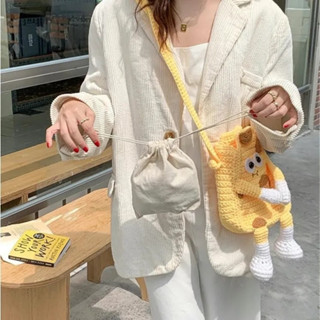 毛線編織 卡通芝士乳酪包 手工編織包包 diy自製材料包 手縫鉤針織斜挎手機包