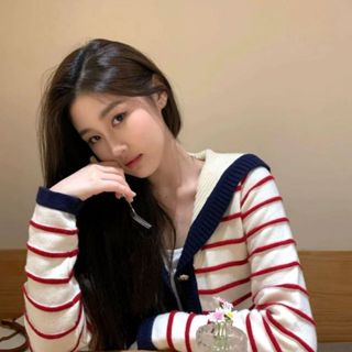 【現貨】女生衣著 春季長袖衫 連帽小外套 條紋上衣 寬鬆學院風毛衣