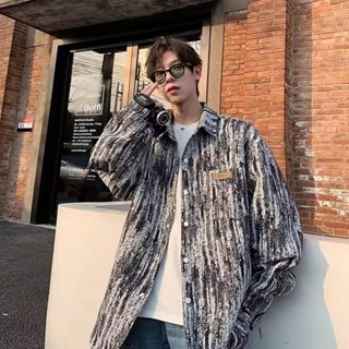 美式復古扎染牛仔夾克 男士嘻哈痞帥風上衣外套春秋新款撞色翻領襯衫外套OVERSIZE大尺碼男士寬鬆休閒夾克 單排扣高階感