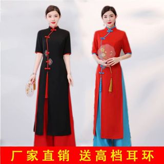 2025傳統越南奧黛禮服+褲子套裝國花刺繡奧黛改良旗袍禮服宴會派對舞蹈禮服