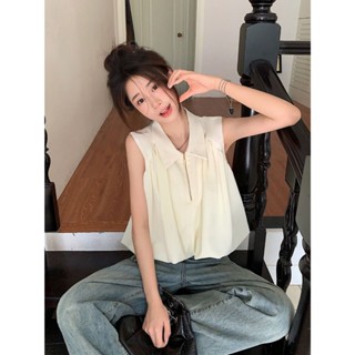 法式優質polo領拉鍊上衣女夏季氣質女士短款無袖背心娃娃裝襯衫