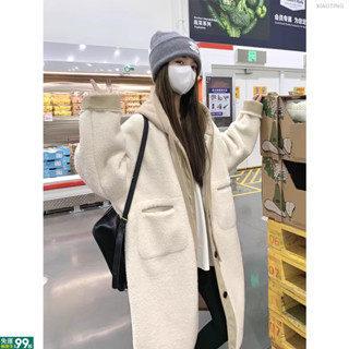 【抗寒🔥必備】長款羊羔絨過膝外套女 韓系防風保暖大衣 假兩件長款外套 韓系羊羔毛外套 保暖外套 加絨外套女 連帽外套