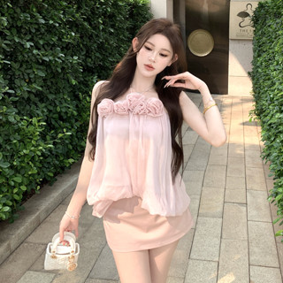 韓版旅行度假時尚粉色套裝女裝寬鬆一字領無袖立體花裝飾雪紡上衣+高腰A字半身裙兩件套