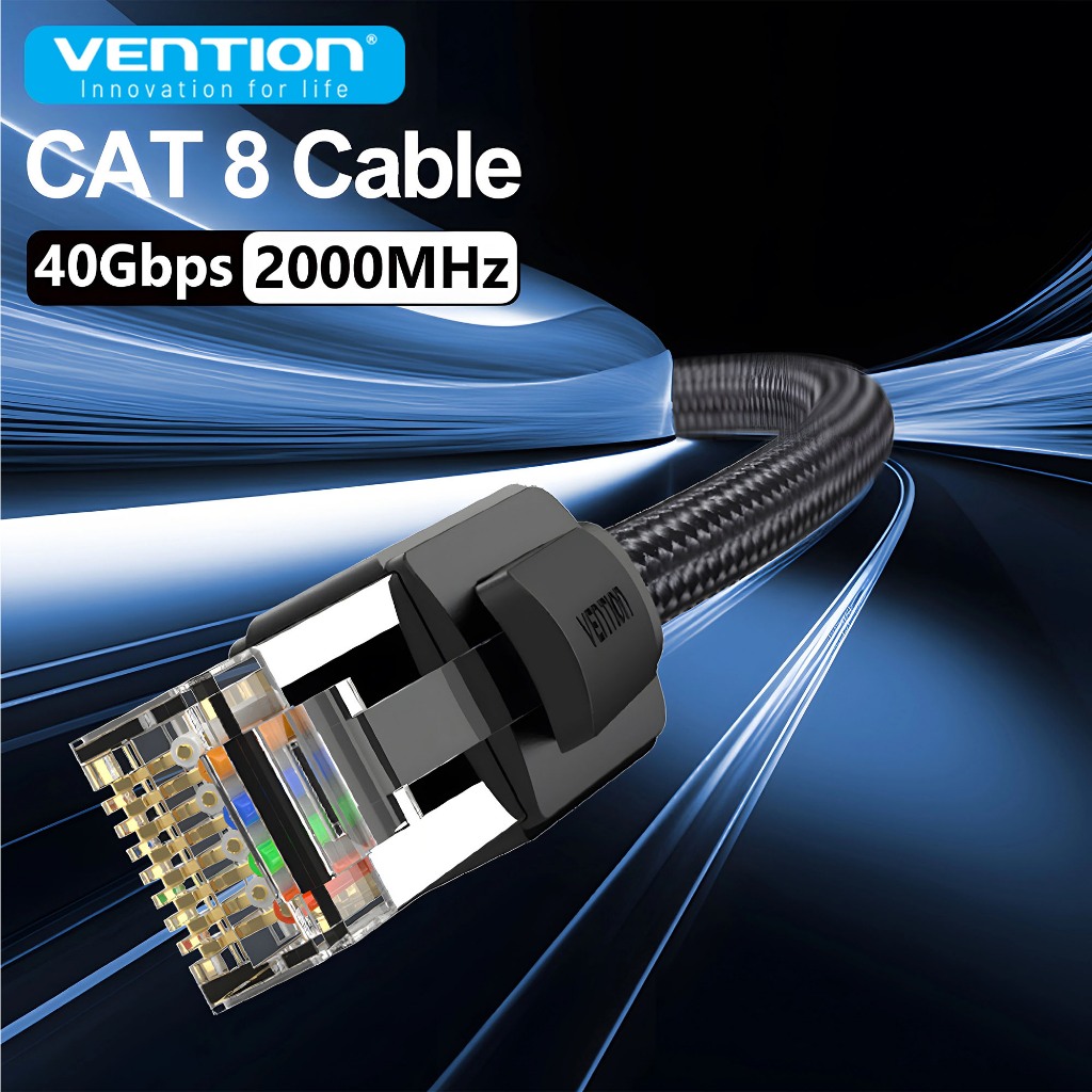 Vention 全新 CAT8 以太網電纜 40Gbps 2000MHz CAT 8 網絡局域網棉編織雙屏蔽 PC 調製