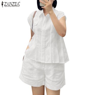 Zanzea 女式韓版翻領短袖百褶上衣腰部彈力闊腿褲 2 件套