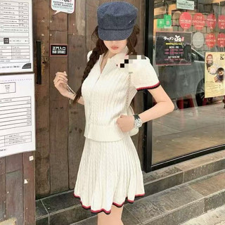 韓版街頭潮流針織套裝女裝緊身彈力翻領短袖上衣+高腰百褶半身裙兩件套