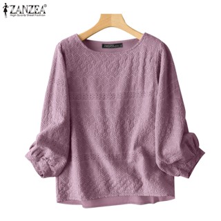 Zanzea 女士簡約純色圓領長袖刺繡寬鬆上衣