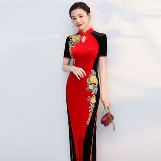 女士越南奧黛旗袍花朵刺繡傳統演出婚禮派對禮服