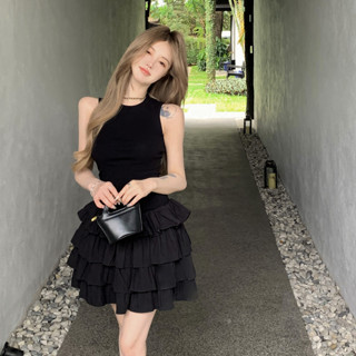 韓版旅行度假時尚黑色洋裝女裝緊身圓領無袖A字洋裝