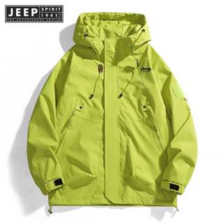 Jeep SPIRIT 1941 ESTD 男士連帽夾克拉鍊外套工裝防水黑色飛行員露營寬鬆薄款軟殼連帽登山夾克