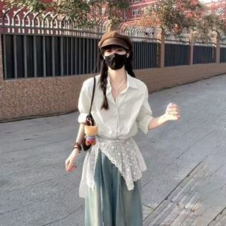 甜美可愛水手領上衣配對刺繡蕾絲波點長披肩腰帶多用途