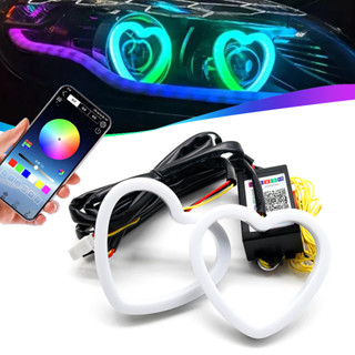 2 件裝汽車天使眼 RGB 棉光環 12V Led 大燈 DRL 摩托車摩托天使眼心形帶琥珀色轉向燈