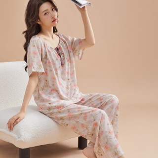 女士春夏季薄款棉綢睡衣/短袖長褲家居服套裝大尺碼