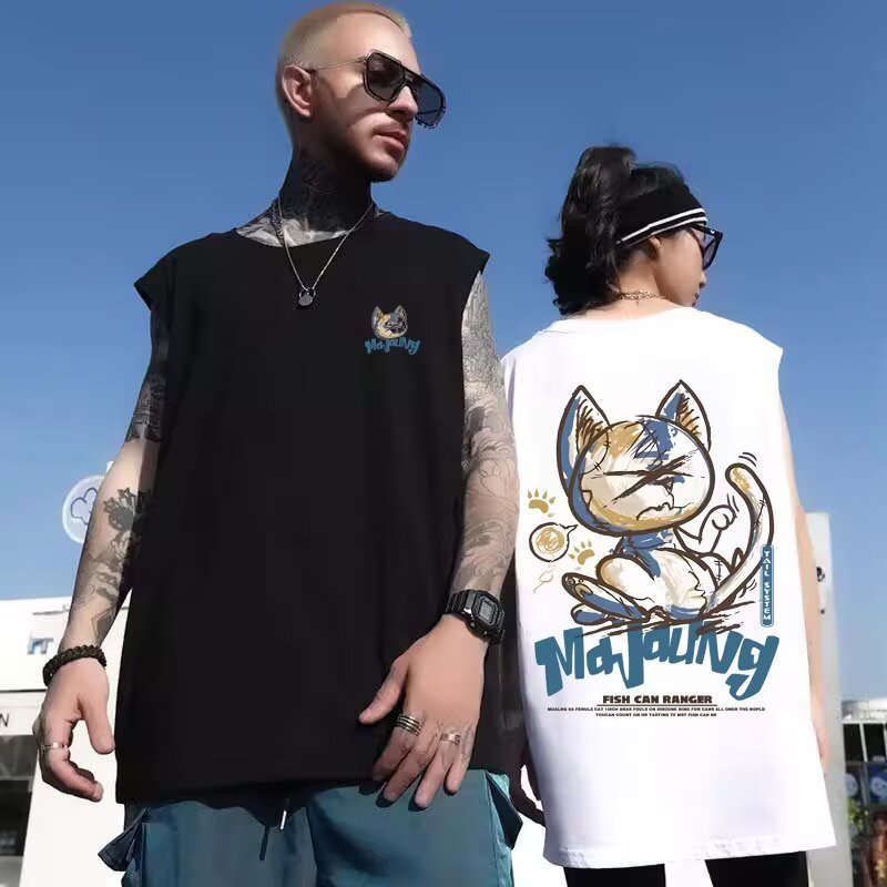 夏季新款2025原宿風復古塗鴉貓印花圓領無袖T恤男女潮流加大碼輕便透氣寬鬆休閒籃球運動背心