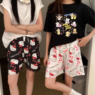 柔軟夏季睡衣印花 Hello Kitty 卡通圖案長褲夏季短褲女式睡衣