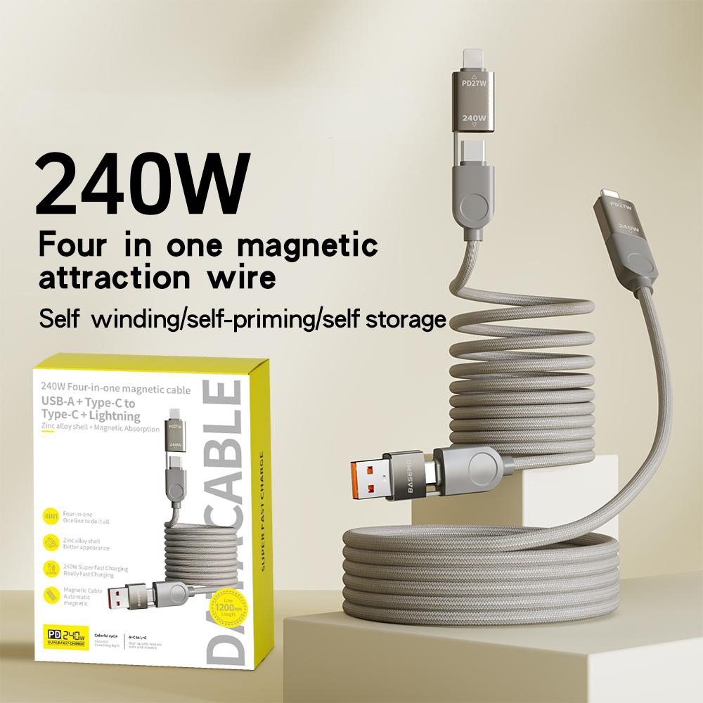 240W快充數據線USB4合1磁吸自動收納手機線充電綫Type-C手機用