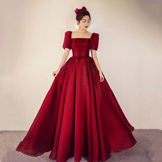 【紅251】大尺碼晚宴服 法式輕婚紗 晚宴喜宴登記主持人服 生日禮服 伴娘服 中式婚禮穿搭 紅色泡泡袖禮服 新娘敬酒服