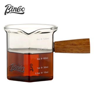 BINCOO 咖啡木柄奶盅杯 玻璃帶刻度盎司杯 意式濃縮咖啡萃取量杯 奶罐 120ML