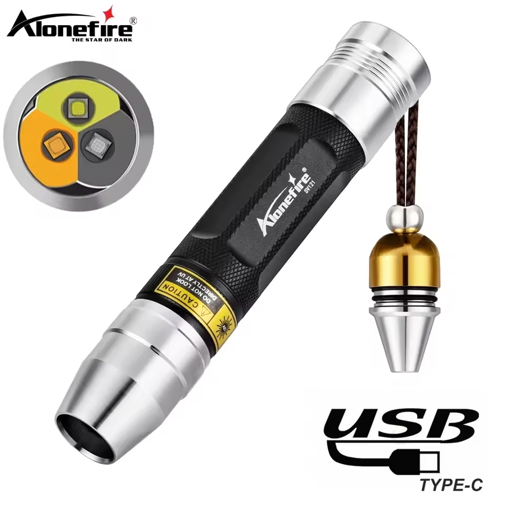 Alonefire SV121 白色黃色 UV 365nm LED 手電筒 USB 可充電珠寶玉石寵物污漬癬標記礦石錢蝎