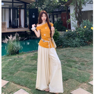 87726 翻領露肩印花不規則無袖上衣/高腰寬鬆寬褲
