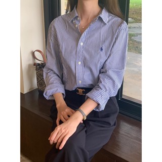 女款POLO刺繡標長袖襯衫｜100%精梳棉・復古美式領・寬鬆條紋休閒上衣 長袖襯衣
