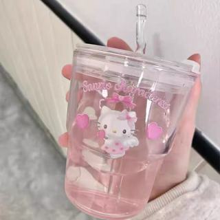 250ML粉色Hello Kitty印花水瓶飲水罐冰熱咖啡果汁塑料杯不倒翁杯便攜水杯帶吸管