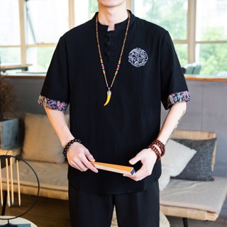 男士棉麻短袖t恤 M-5XL 民族風盤扣復古龍紋刺繡亞麻短袖袖T恤國潮中式唐裝漢服禪服居士服太極服