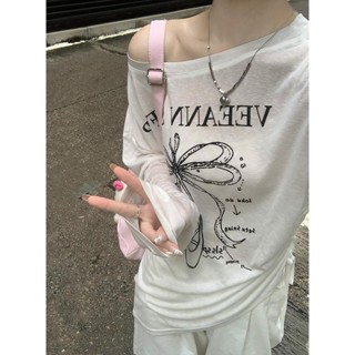 【BANKO】長袖上衣 印花T恤 斜肩T恤 薄款T恤 防曬T恤 韓版女夏季寬鬆薄款印花白色長袖T恤