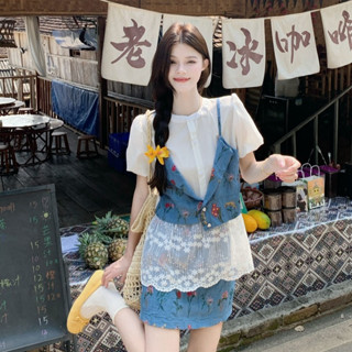 88462 蕾絲拼接碎花短袖襯衫/ 花卉刺繡休閒半身裙