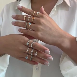 歐美跨境ins冷淡風不規則寶石戒指套裝 個性金屬質感指環rings女