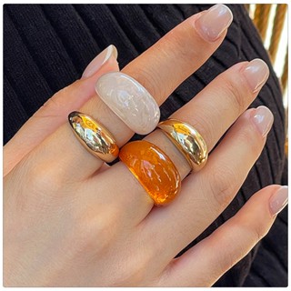 歐美跨境時尚ins幾何金屬光面戒指套裝 琥珀色樹脂開口指環Rings