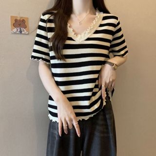 新款時尚休閒加大碼條紋V領短袖匕首女T恤上衣