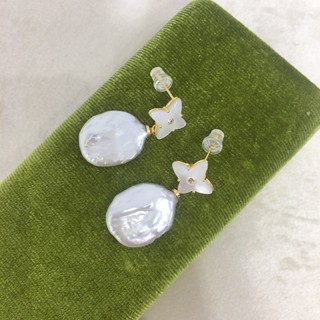 天然貝殼母三葉草巴洛克淡水珍珠耳環 S925 純銀耳釘