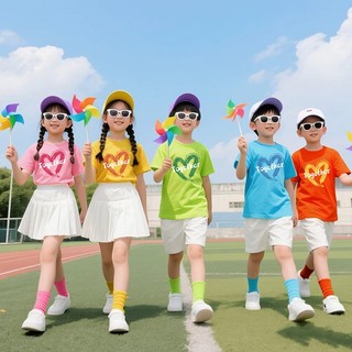 全家裝 糖果色幼稚園班服 團體表演服 學校親子活動t恤 夏季純棉短袖親子裝 運動上衣 全家福拍照 純棉T恤 短袖上衣