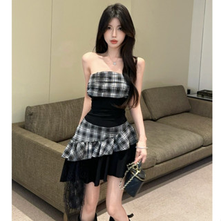 韓版夏季新品街頭潮流時尚格紋抹胸洋裝女裝緊身不規則拼接蕾絲一字領無袖A字洋裝
