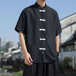 中國風男士短袖襯衫棉麻中式鈕扣上衣唐裝太極運動上衣