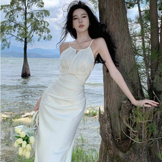 婚禮洋裝 登記洋裝 伴娘服 掛脖吊帶 法式氣質禮服 輕婚紗 緞麵高階感 包臀魚尾禮服 顯瘦約會度假夜店洋裝