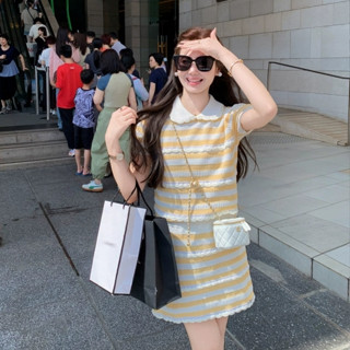韓版夏季新品街頭潮流彩色條紋針織套裝女裝翻領短袖上衣+高腰A字半身裙兩件套