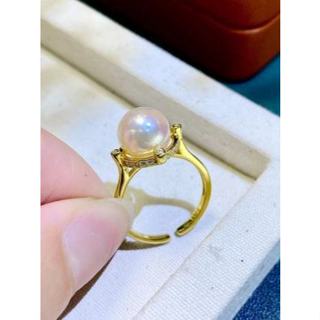 S925純銀星盤海水珍珠戒指 k金工藝 不易褪色 優雅百搭 經典日常 高階時尚 8-9mm海水akoya珍珠