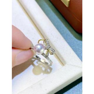 S925純銀蝴蝶結海水珍珠戒指 k金工藝 不易褪色 優雅百搭 經典日常 高階時尚 6-7mm海水akoya珍珠