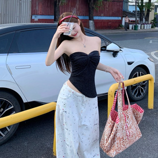 韓版夏季新品街頭潮流時尚套裝女裝緊身波點黑色抹胸上衣+高腰卡通印花闊腿長褲兩件套